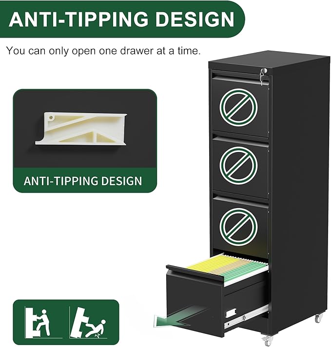 4 Drawer Metal Locking Vertical File CabinetUnder Desk Lock Drawers Filing Cabinets for HomeOffice Storage Cabinet Organizer17.71 D*15.16 W*52.28 HBlack