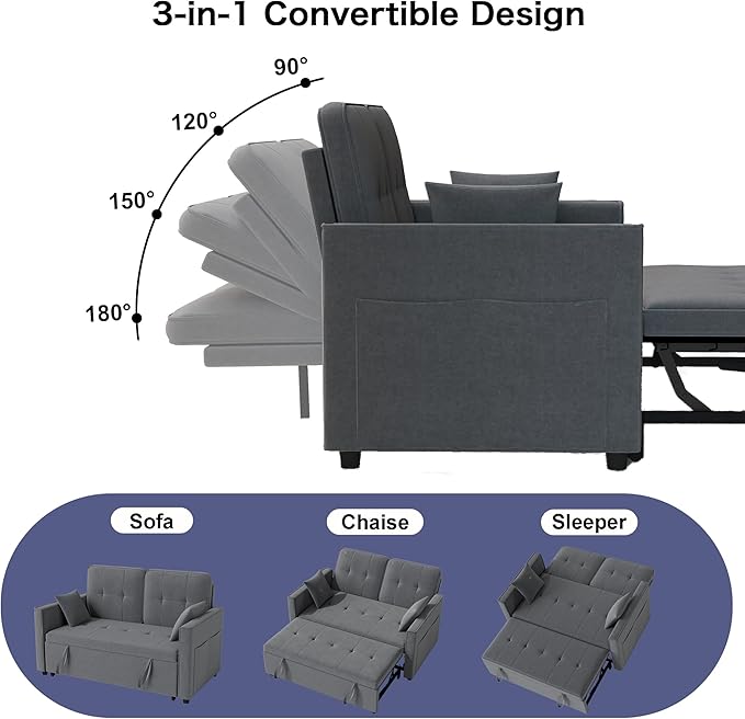 Loveseat Sleeper Sofa Bed Couch: Queen Sleeper Chair Pull Out Bed for Living Room Grey Velvet Couch Beds for Small Spaces 3 in 1 Convertible Sofa with Armrests