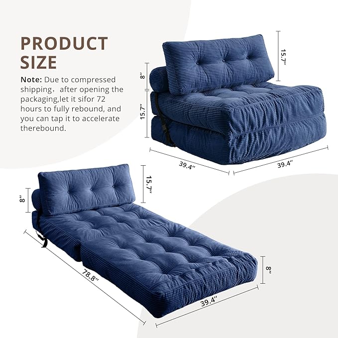 Folding Sofa Bed Convertible Sleeper Chair with Pillow Foldable Mattress with Back Support Portable Floor Sofa Lounge for Living Room Bedroom Dorm