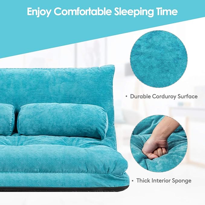 Giantex Adjustable Floor Sofa Couch Multi-Functional 6-Position Foldable Lazy Sofa Sleeper Bed Blue Corduroy Iron Frame 70.5 x 42.5 x 7