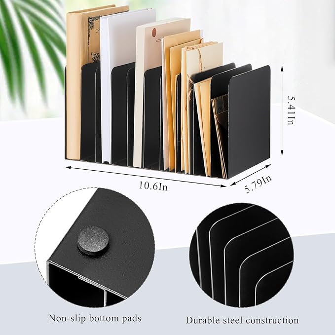 Suzile Metal Desk File Organizer 10 Compartments Metal Desktop Organizer File Sorter Office Organization File Holder for Home Classroom Vertical File Organizer 10.63 L X 5.79 W X 5.41 H