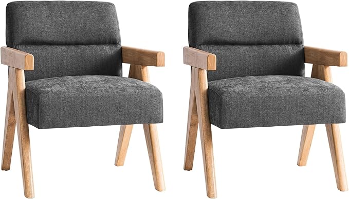 HULALA HOME Modern Accent Chair Upholstered Arm Chair with Solid Wood Frame Comfortable Padded Seat and Back for Living Room Bedroom Set of 2 Charcoal