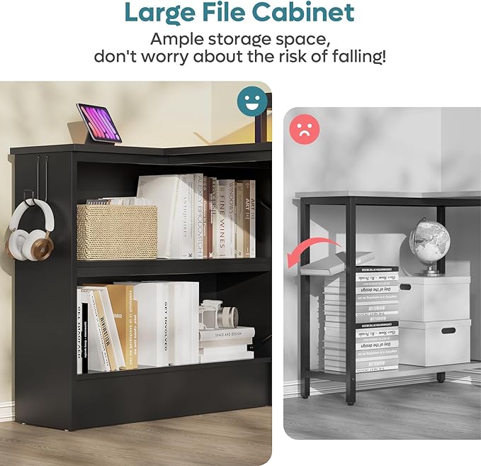 Bestier Small L Shaped Desk with LED Lights 42 Reversible Computer Desk with Open Storage Cabinet &amp Monitor Stand Corner Desk with Side Storage Bag for Home Office Bedroom Black