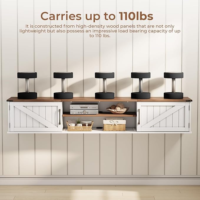 Floating TV Stand with Doors 63'' Farmhouse Floating TV Shelf for TVs up to 80 Inch 2 Tier Wall Mounted TV Stand Floating Entertainment Center TV Floating Cabinet for Living Room Bedroom White