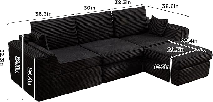 Vabches 106.6 Modular Sectional Sofa with Chaise Comfy Cloud Sectional Couch Modern L-Shape Corduroy Sofa with Deep Seat Upholstered Couches for Living Room BedroomNo Assembly Required (Black)