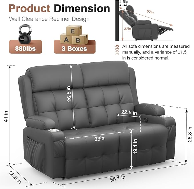 Reclining Loveseat 55.1 RV PU Leather Wall Hugger Recliner Love Seats Sofa with Charging Station Removable Armrest Cup Holder Double Recliners Couch Manual Love Seat for Living Room
