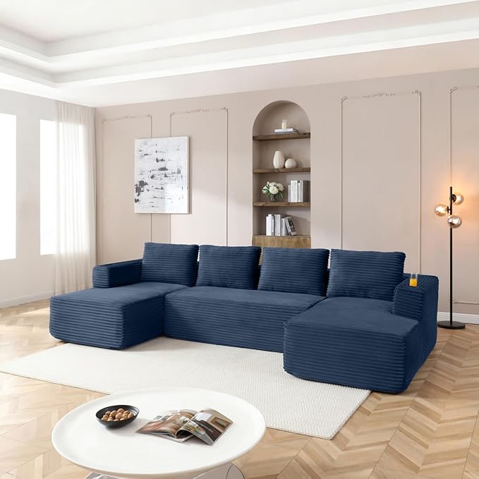 132 Modular Sectional Sleeper Sofa Boneless Cloud Couch for Living Room U Shaped 5 Seat Sofa with 2 Cup Holders Free Combination No Assembly Required (Blue)