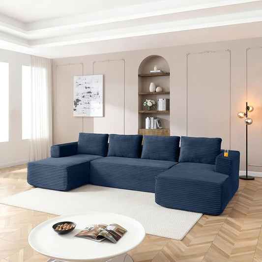132 Modular Sectional Sleeper Sofa Boneless Cloud Couch for Living Room U Shaped 5 Seat Sofa with 2 Cup Holders Free Combination No Assembly Required (Blue)
