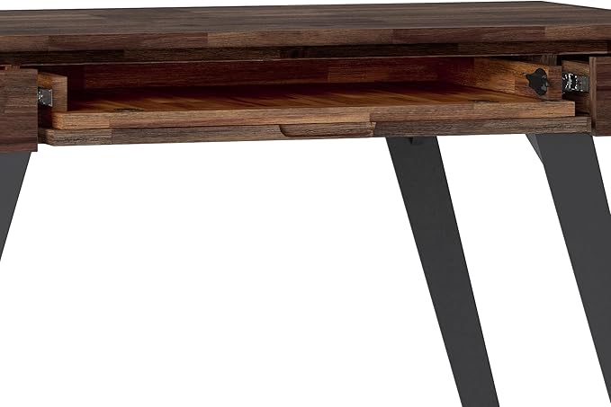 SIMPLIHOME Lowry Small Desk - 44 Inch Wide Solid Acacia Wood and Metal Writing Desk in Distressed Charcoal Brown Modern Industrial Home Office Table with 2 Drawers and Flip-Down Keyboard Tray