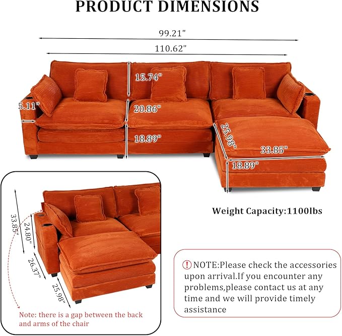 Gexpusm Modular Sectional Sofa99 Couches for Living RoomCorduroy Sofa with Ottoman &amp PillowCloud Sectional Couch with Cup Holders &amp USBSide Pockets3-Seat Corduroy Boneless Chair Indoor (