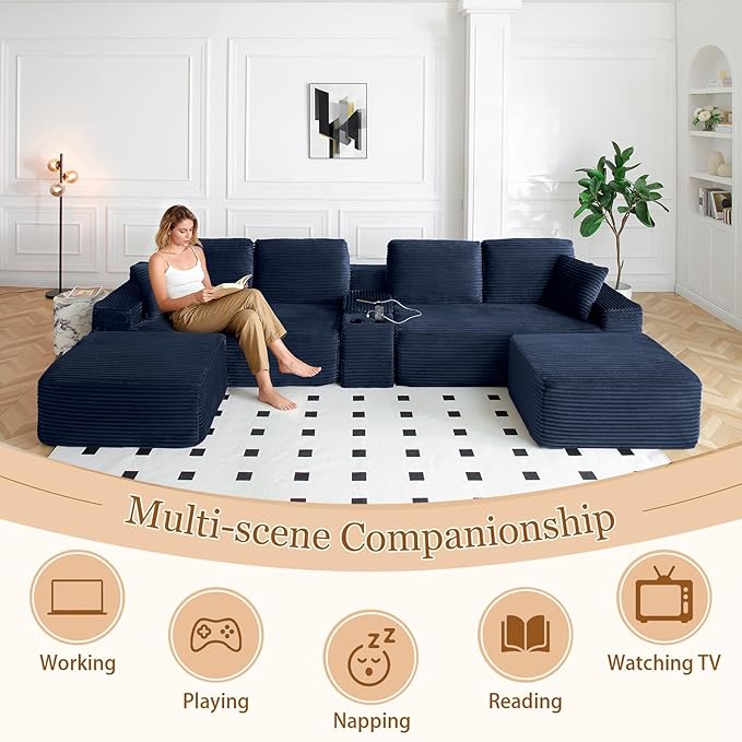 125 U-Shaped Sectional Couch Oversized Modular Sectional Sofa with USB Port &amp Storge Console Modern Corduroy Boneless Cloud Couch for Living Room No Assembly RequiredBlue