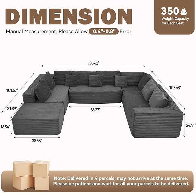 HOMREST 136 U Shaped Sectional Couch for Living Room Cloud Modular Sectional Boneless Sofa with Memory Foam Convertible Couches with Deep Seat No Assembly Required 8 Seats Special Grey