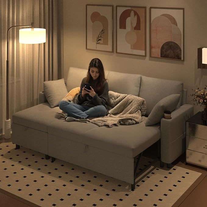 Sleeper Sofa 83.5'' Sofa Bed with Storage Chaise Couch to Bed Pull Out Couch with USB&ampCup Holders L-Shaped Convertible Couches for Living Room-Linen Light Grey