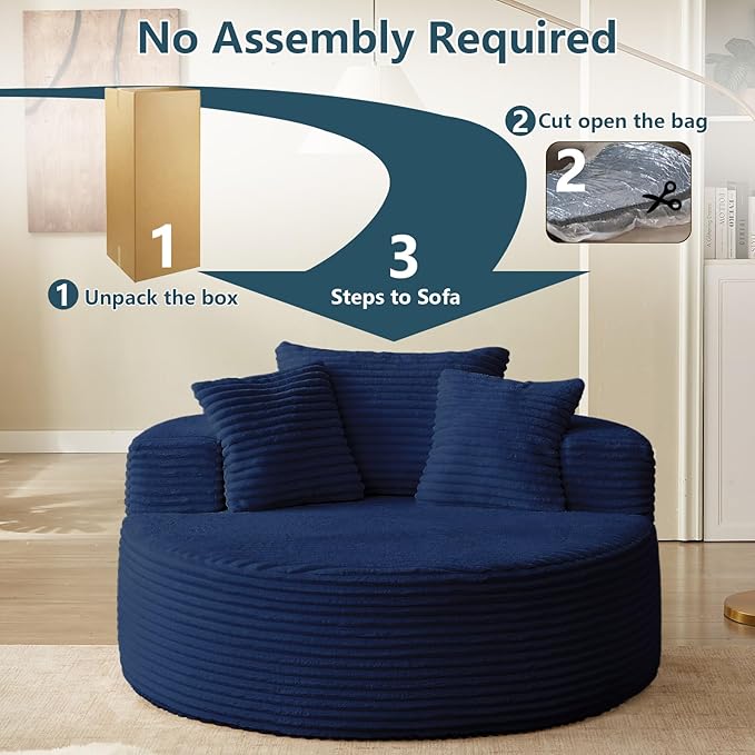 55''L Oversized Round Chaise Longue Chair Indoor Corduroy Sponge Single Sofa Oversized Round Chairs Modern Sleeper Chair for Living RoomProjection Room Wide Armrest Chairs Blue