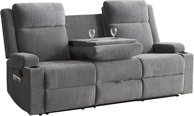 2 Piece Living Room Sofá Set Modern Chenille Reclining Sofa Set with Convertible Center Console &amp Storage Ottoman Space-Saving Couch for Home/Bedroom/Apartment (Grey)