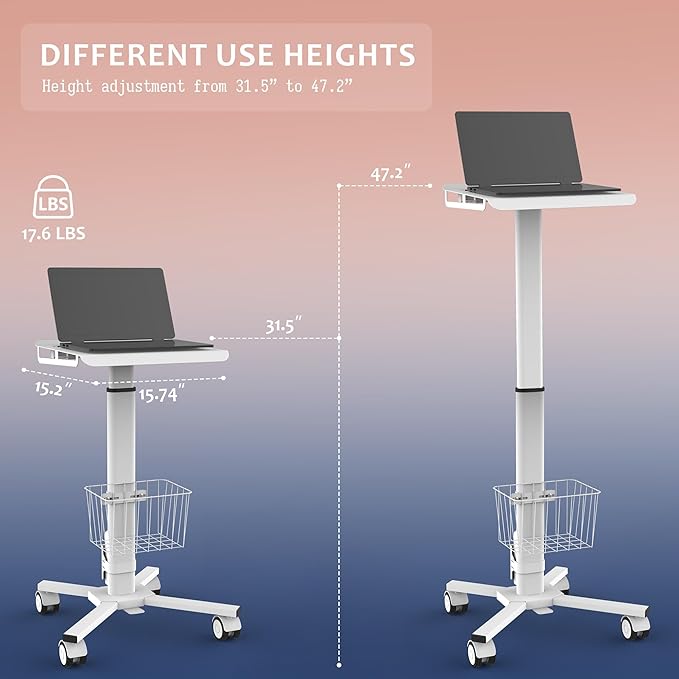 Adjustable Height Portable Laptop Desk with WheelsWhite Computer Cart on WheelsStanding Mobile Desk Workstation Utility Medical Cart