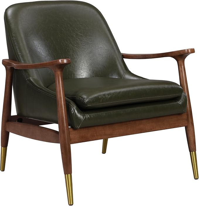 29.2'' Mid Century Faux Leather Accent Chair with Cushioned Seat Solid Wood e and Brass Tipped Legs Perfect for Living Room Bedroom or Office Lounge