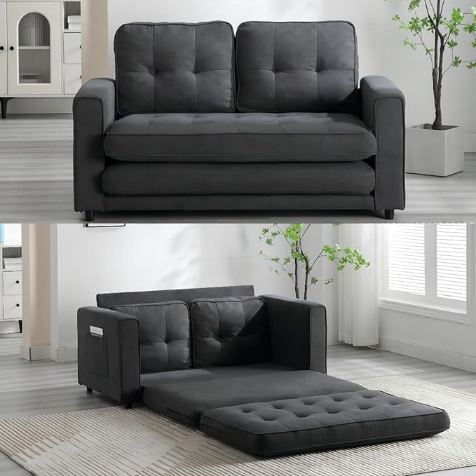 Futon Sofa Bed Convertible Folding Futon Couch Breathable Small CouchAdjustable Pull Out Chaise Lounge for Compact Living Studio in Living Room and Bedroom Offices Dorm Loveseat (Dark Gray)