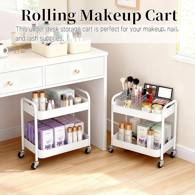 2 Tier Metal Rolling Cart with Wheels for Under Desk Storage &amp Pantry Storage High Load-Bearing Kitchen Utility Cart for Small Space Laundry Room Organization Side Table with 4 Hooks White