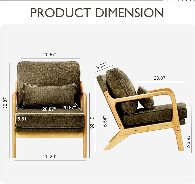 Modern Accent Chair with Lumbar Pillow Relaxing Mid Century Chair Armchair with Solid Wood Frame &amp Soft Cushion Reading Leisure Armchair for Living Room Green