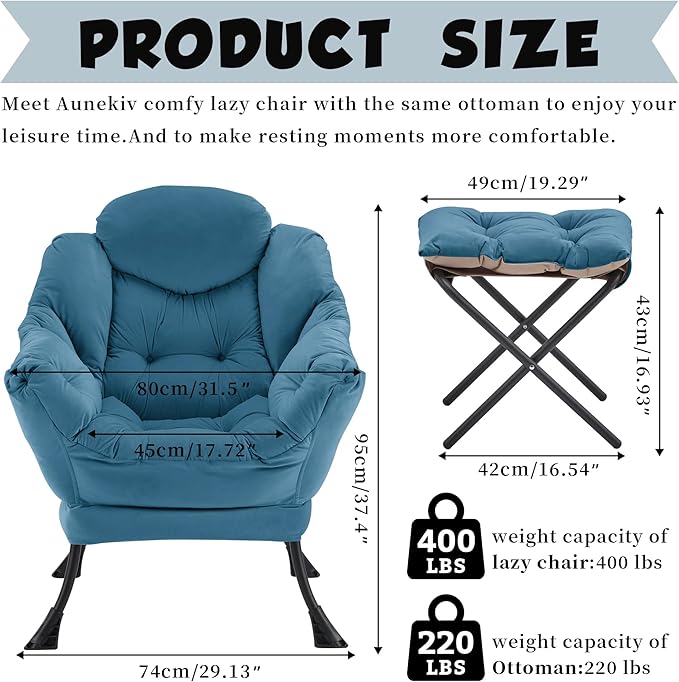 Lazy Chair with Ottoman Comfy Accent Lounge Chair with Side Pocket Modern Reading Armchair with Footrest Upholstered Sofa Chair for Small Spaces Bedroom Living Room Dorm Blue