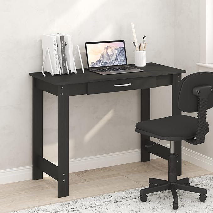 Furinno Jaya Desk 39.2 Wide Computer Desk with H-Legs Office Desk with Drawer Writing Desk with Drawer for Home Office Study Room Dorm Darkwood