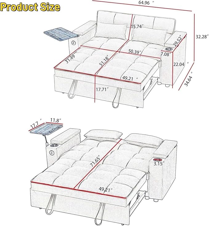 Large Size Convertible Sleeper Sofa BedPolka dot Velvet Pull Out Futon Couch with Storage handrails &amp Rotating Side TablesConvertible Sofa Couch for Living RoomRV (Khaki)