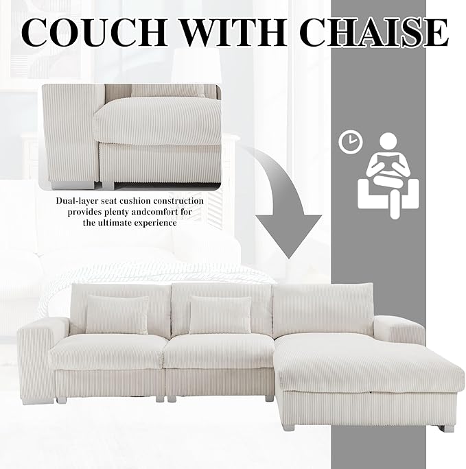 113 Inch Modular Sectional SofaModern l-Shaped Deep Seats Corduroy CouchSponge Couches with Chaise Lounge for Living Room Or Bedroom (White)