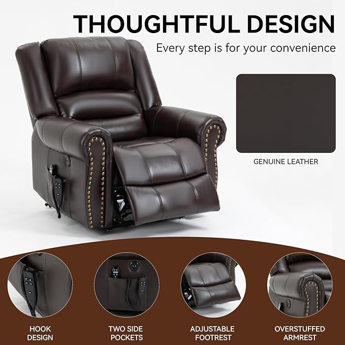 Genuine Leather Power Lift Recliner Chair Lazy Boy Recliner Chair with Charging Ports for Living Room Theater Seating Electric Single Sofa with Round Armrest Dark Brown