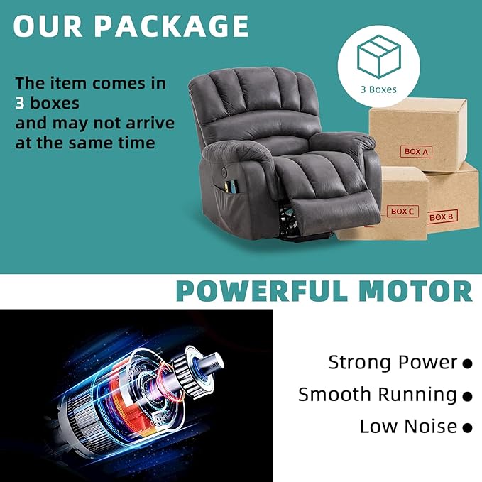 MEETWARM Large Power Lift Electric Recliner Chair with Massage and Heat Overstuffed Wide Recliner with 2 Remote Controls for Elderly Big People Heavy Duty Recliners USB Ports Side Pockets(Gray)