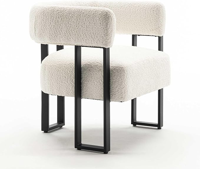 YOUNIKE Accent Chair White Upholstered Teddy Velvet Single Sofa Modern Corner Round Padded Armrest Club Boucle Armchair for Living Room Bedroom Office Hotel Lounge Nursery Apartment Black Metal Stand