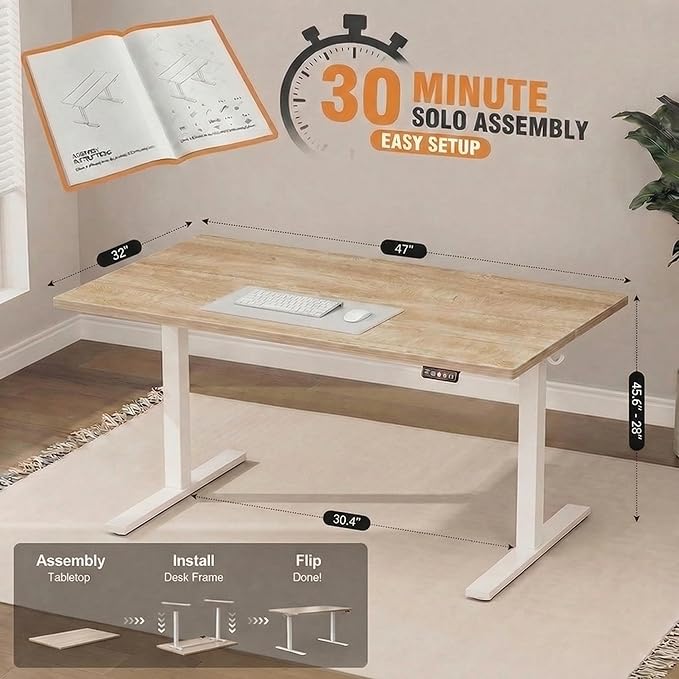 Grandder 47x32 Large Electric Standing Desk Height Adjustable Computer Desk with 2 Memory Presets 31.5 Deep Desktop Sit Stand Desk Home Office Desk Workstation Table with Hooks Oak