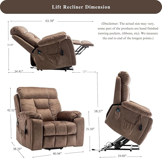 Oversized Power Lift Recliner Chair for Elderly - Extra Wide Big Man Recliner with Heat &amp Massage - Hidden Cup Holder - Single Motor 350 lbs Capacity
