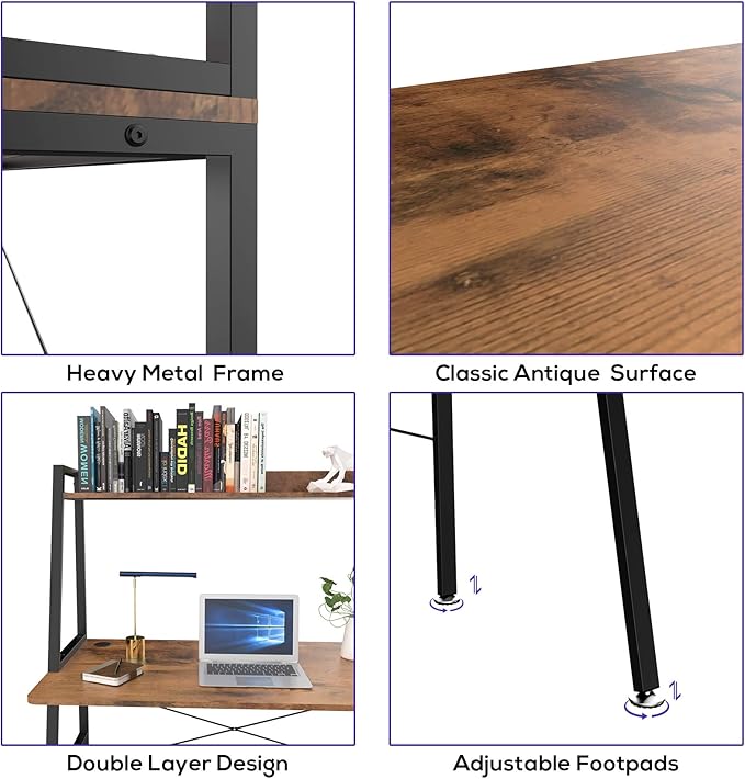 EUREKA ERGONOMIC43 Inch 2-Tier Home Office Students Study Writing PC Gaming Table with Bookshelf Small Computer Ladder Desk with Storage ShelvesModern Workstation for Space Saving Rustic Brown