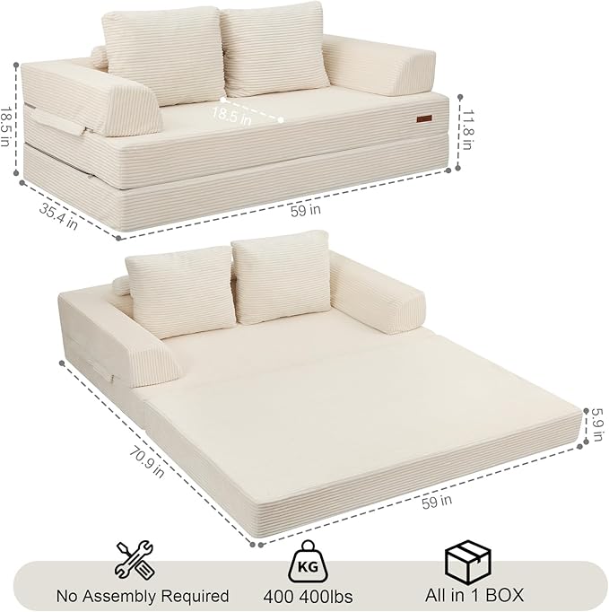 COMAX Futon Sofa Bed Convertible Folding Sofa Bed Boneless Couch Loveseat Corduroy with Pillows Small Foldable Floor Couch Comfy Lounge Sleeper for Living Room Bedroom Beige