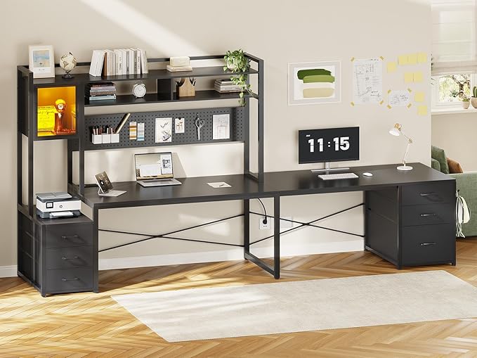 SEDETA L Shaped Gaming Desk with Drawers Reversible Computer Corner Desk with File Drawer Hutch Storage Shelves for Home Office Gaming Two Person Desk with Led Lights Power Outlet Black