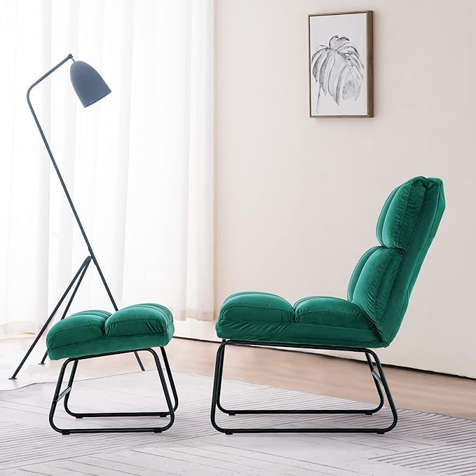 MCombo Velvet Accent Chair with Ottoman Set Modern Armless Chair for Living Room Bedroom Small Space 0014 (Velvet Dark Green)