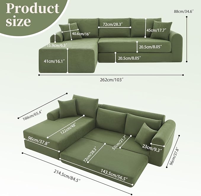 KBQ Modular Sectional Couch in a Box 103 L Shaped Boneless Cloud Couch with Deep Seat Convertible Sofa Bed for Living Room Bedroom Apartments No Assembly Required Green Left Facing Chaise