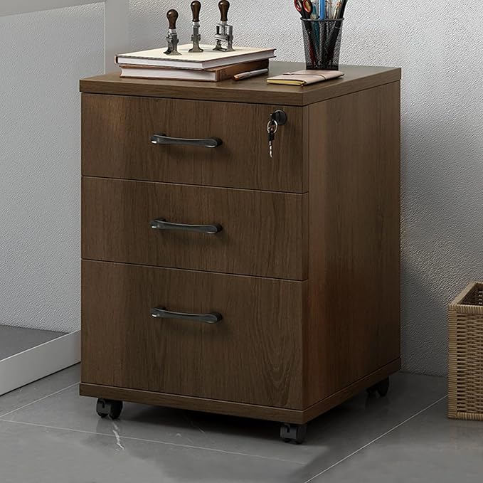 3-Drawer File Cabinet Mobile Filing Cabinet with Lock Under Desk File Organizer for Home Office Fits Letter/Legal/A4 Files Under Desk Fully Assembled Except Casters(Walnut Color)