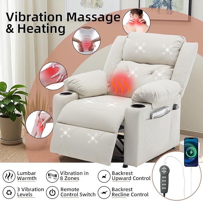Power Recliner Chair with Vibration Massage &amp HeatUpholstered Faux Leather Single Reclining Sofa with Side Pockets Side Table for Living Room Home Theater (Beige)