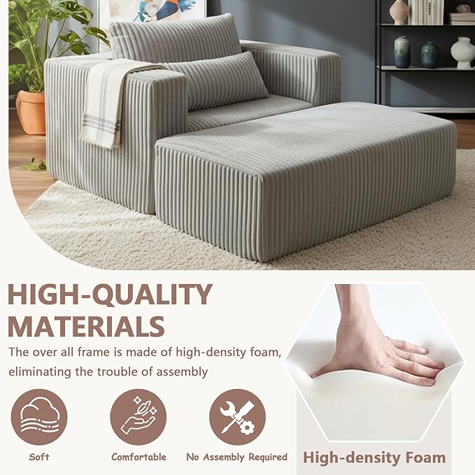 51” Oversized Boneless Chair with Ottoman Big Comfy Accent Chairs with Ottoman for Living Room Cloud Chaise Lounge Chair Indoor Plush Pillows|Corduroy (Light Grey)