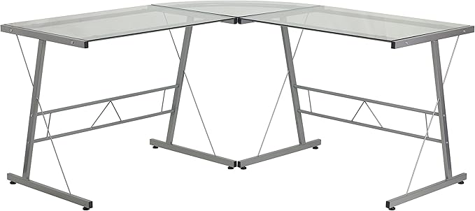 Flash Furniture Glass L-Shape Computer Desk with Silver Metal Frame