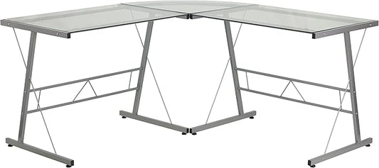 Flash Furniture Glass L-Shape Computer Desk with Silver Metal Frame