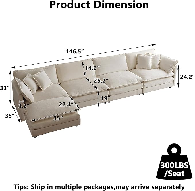 Aoowow Modular Sectional Sofa Modern Convertible L Shaped Couch147.2 Inch Deep 4-Seater Sofas Set Comfy Chenille Cloud Sofas and Couches with Movable Ottoman for Living Room Apartment（Light Coffee）