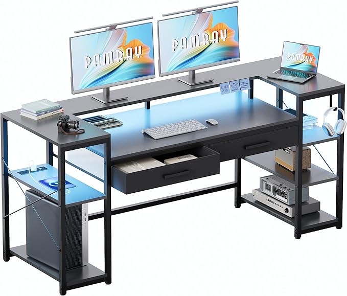 Pamray 58 Inch Computer Desk with Monitor Stand and Shelves Gaming Desk with LED Lights &amp Power Outlets PC Vanity Table with 2 Drawers for Home Office Grey