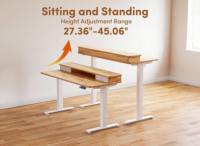 CubiCubi 55 x 24 Inch Electric Height Adjustable Standing Desk with Double Drawers 4 Adjustable Feet &amp 2 Hooks Home Office Computer Workstation Light Rustic