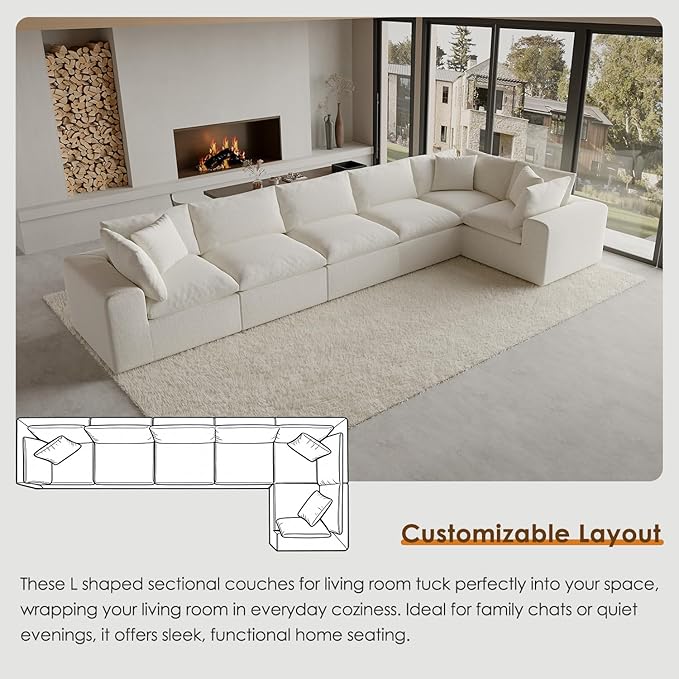 130 Oversized Boneless Cloud Couch Modular Sectional Couches for Living Room U-Shaped with Deep Seats No Assembly Required 6-Seater Washable Fabric Sleeper Sofa White