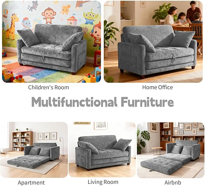 2-in-1 Convertible Loveseat Sofa Bed - Folding Pull-Out with Deep Seat 2 Pillows &amp Solid Steel Frame Loveseat Sleeper Sofa Bed for Small Spaces Apartment Living Room &amp Guest Room (Gray Che