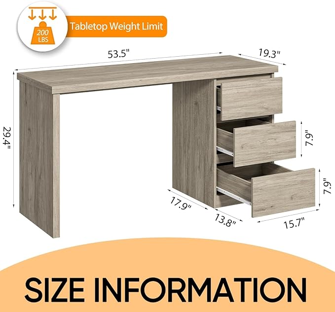 furtble Computer Desk with Drawers 53.5 inches Wood Work Desk Home Office PC Desk Workstation with Storage Farmhouse Computer Table for Bedroom Living Room Grey Oak