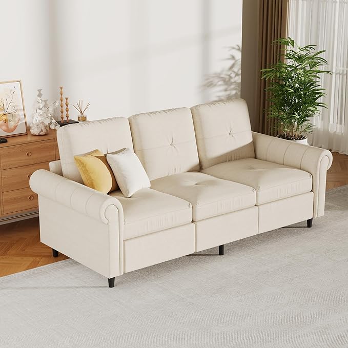 81.1 Modern Fabric Sofa Couch 3-Seater Beige Upholstered Sofa with Rolled Arms and Stitch-Tufted Cushions Comfortable Living Room Furniture for Home or Apartment